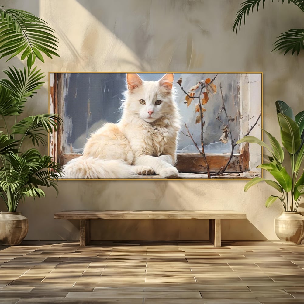 Tablou canvas cu tablou canvas cu pisica alba pe fereastra, in rama de aluminiu auriu